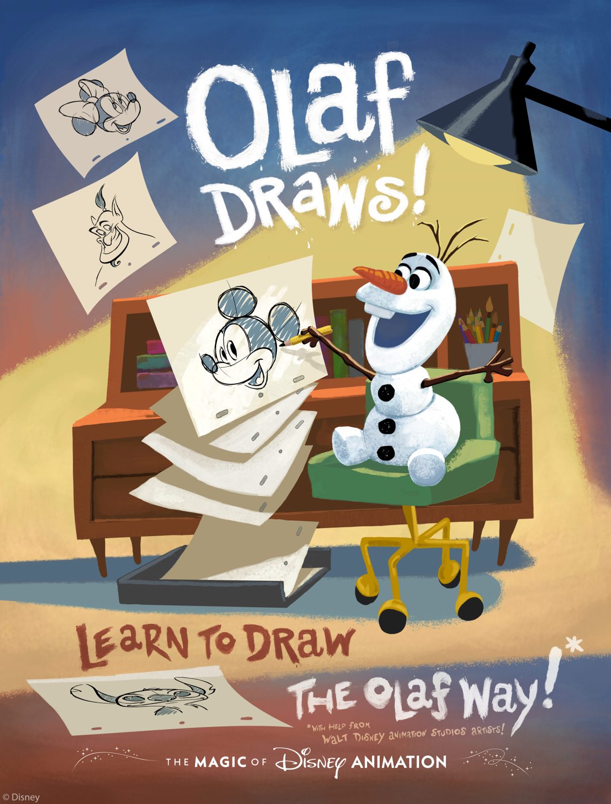 Olaf ensinando a desenhar na aula Olaf Draws! do Hollywood Studios
